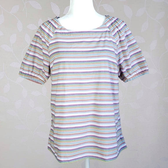 Talbots Pastel Rainbow Striped Puff Sleeve Peasant Top Medium Petite - Picture 2 of 15